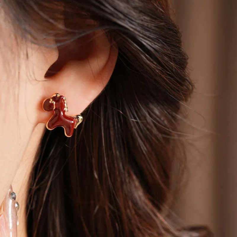Jewelry Gold Plated Horse Red Enamel Drip Vintage Stud Earrings For Women Dainty Designer Animal Hypoallergenic Elegant Gift