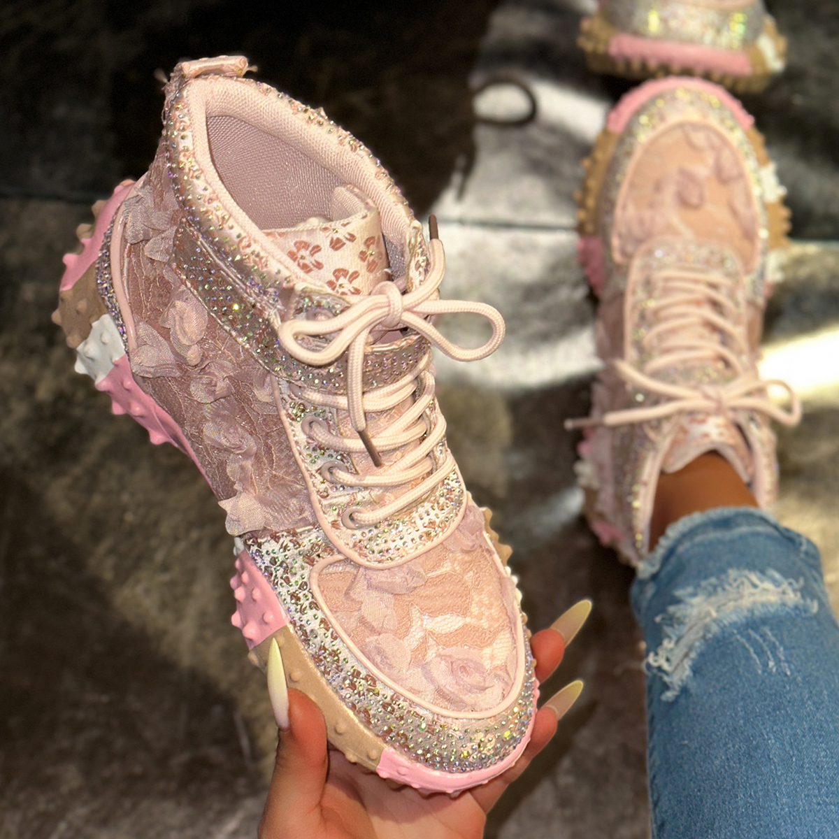 Fashion Luxury Womens Shoes Velcro Strap Women's Height Enhancement Sneakers Shining Water Diamond Vulcanized Shoes Designer Casual Sneakers Zapa