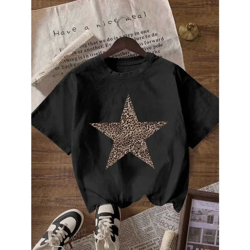 Leopard Print and Star Print Round Neck Short Sleeved Womens Casual T-shirt Fashion Trend Harajuku Womens T-shirt M260317