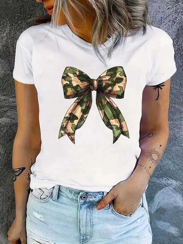 Summer New 90s Leopard Print Bow Short Sleeve Print Clothing Womens T-Shirt Harajuku Graphic Clothing Womens Top Tee M260317