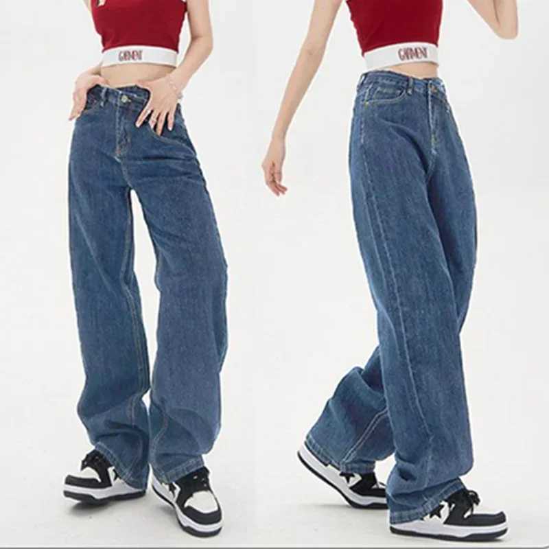 2025 Woman Ins Fashion Cross High Waist Jeans s Streetwear Basic Straight Leg Pants Lady Solid Baggy Wide Leg Denim Trousers M260317