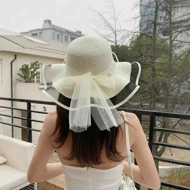 New Foldable Wide-brimmed Girl Straw Pearl Sun Hat Beach Wave Hat UV Protection Travel Hat Lady Beach Hat Birthday Gift H260317 - view 3