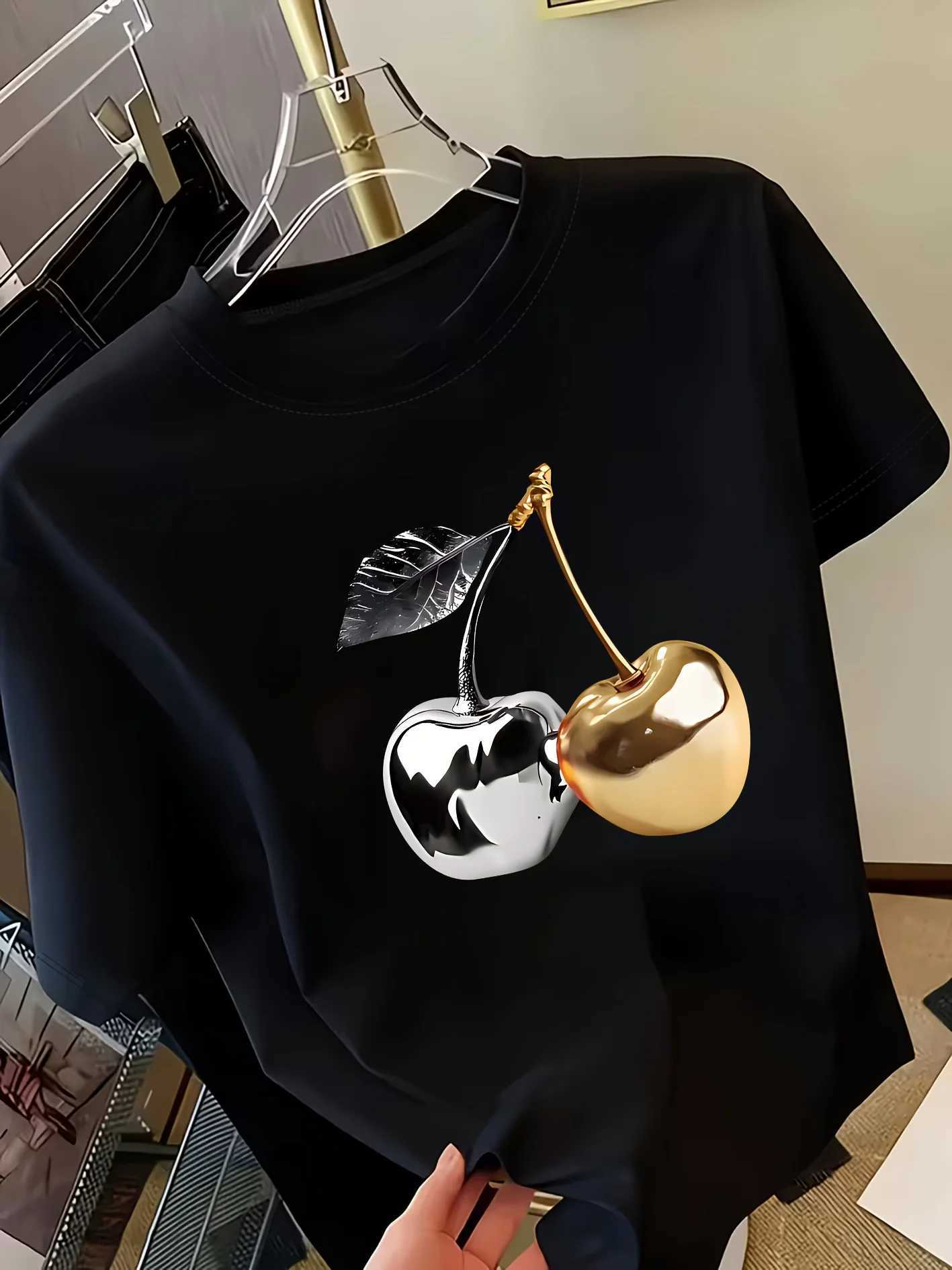 Golden Cherry Print Women Short Sleeve T-Shirt Stylish Casual Tee a Sense of Elegance Versatile Top for Women Minimalist Design M260317