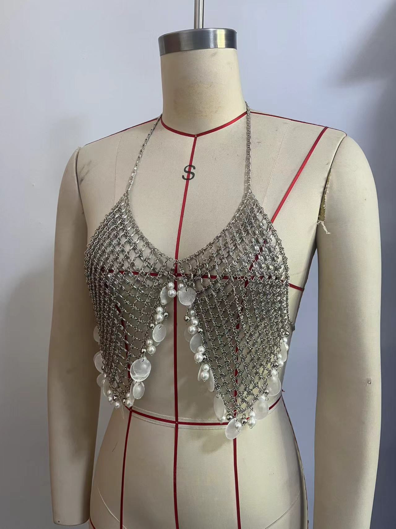 Stage Wear Sequin Circle Tassel Alloy Pendant Body Chain Vest Tank Top Chest Chain