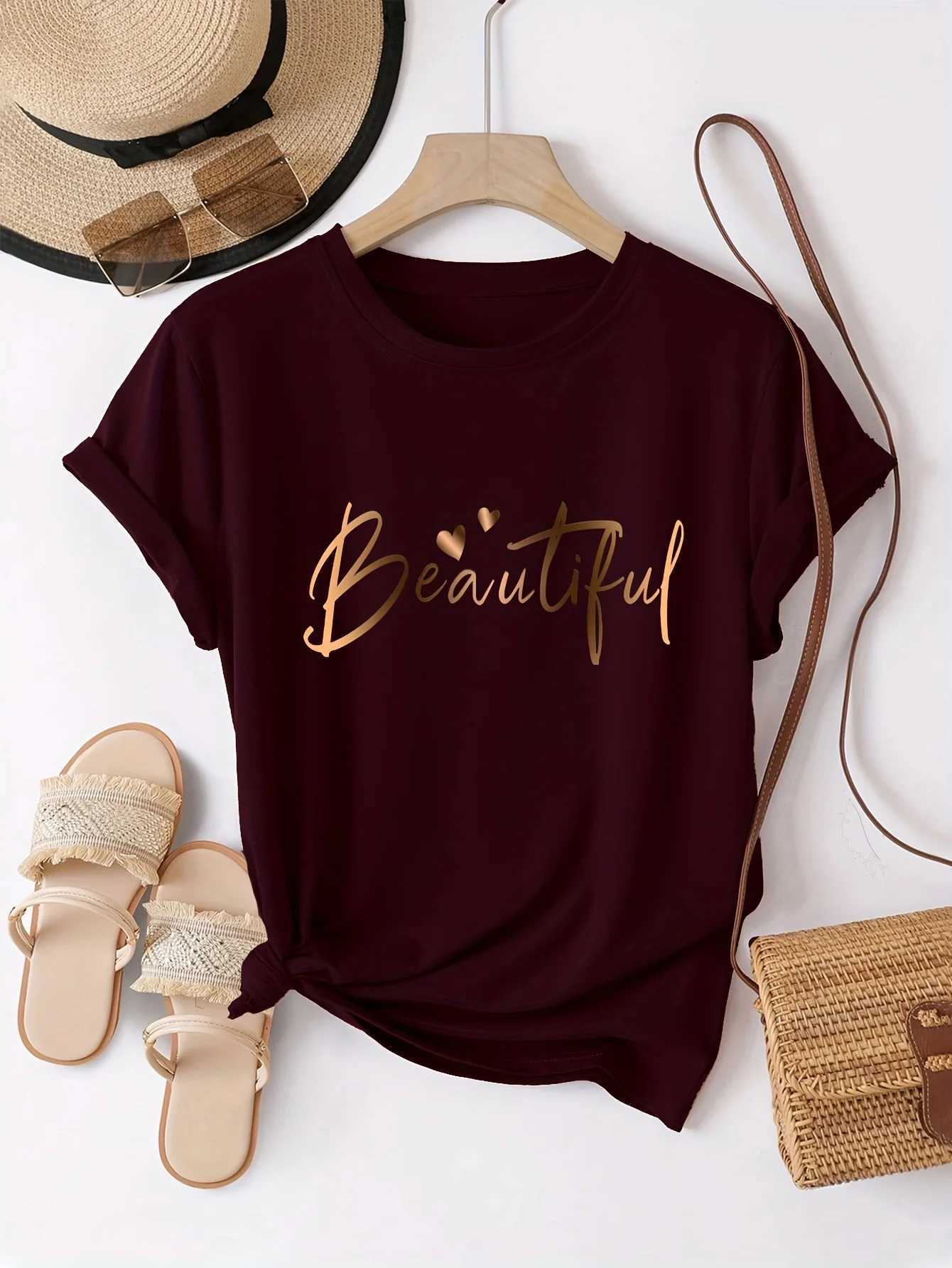 Beautiful Gold Script Womens Tee - Casual Burgundy Graphic Top M260317