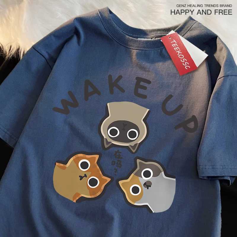 Wake Up 3 Onlookers Of Cats Japanese Style Menswear Cotton Tee Clothes T-Shirts Oversized Quality Shirts Fashion Crewneck Tshirt M260317