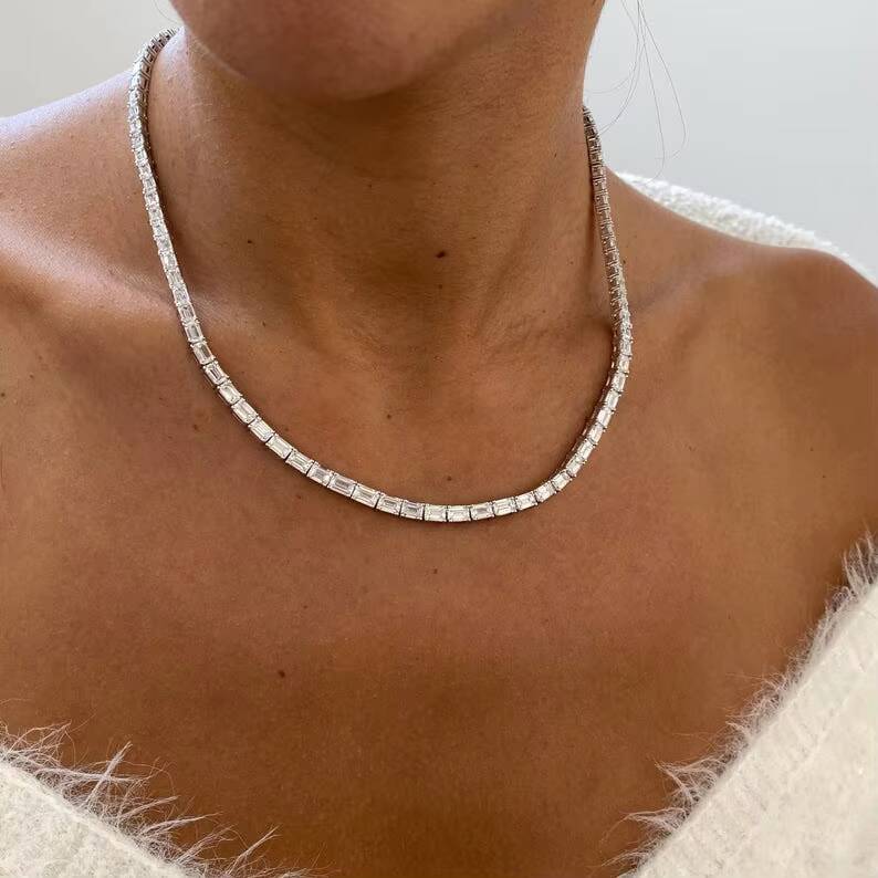 Elegant Trendy 2209ct E VS1 Emerald Cut Lab Grown Diamond Unisex Choker Necklace 14K White Gold Plated Prong Setting IGI