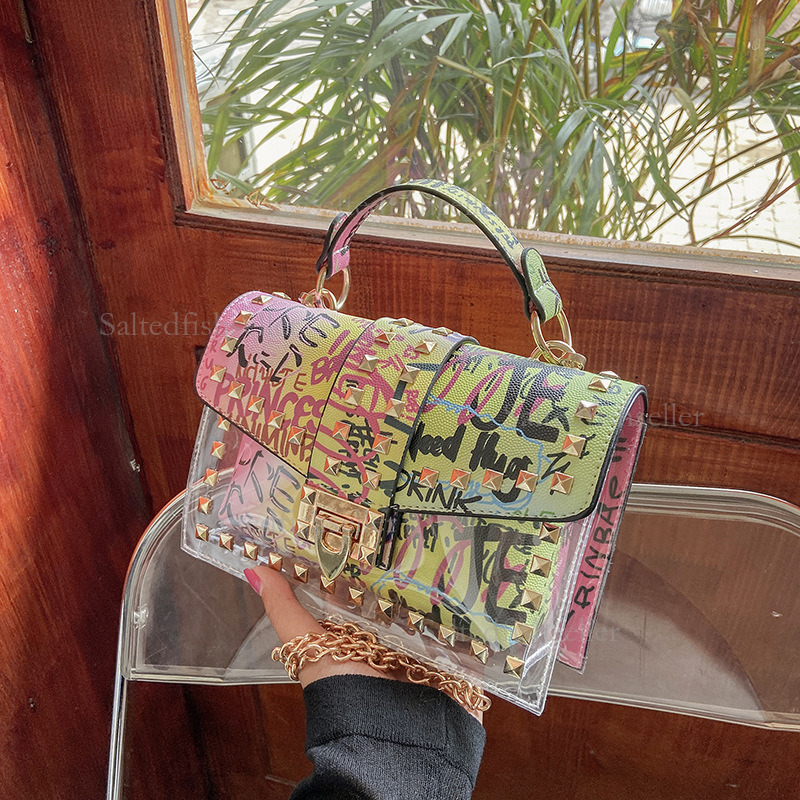 2026 Luxury Graffiti Transparent Jelly Bag Summer Fashion Korean Edition Instagram Internet Celebrity Chain Shoulder Crossbody Bag Women's Versat