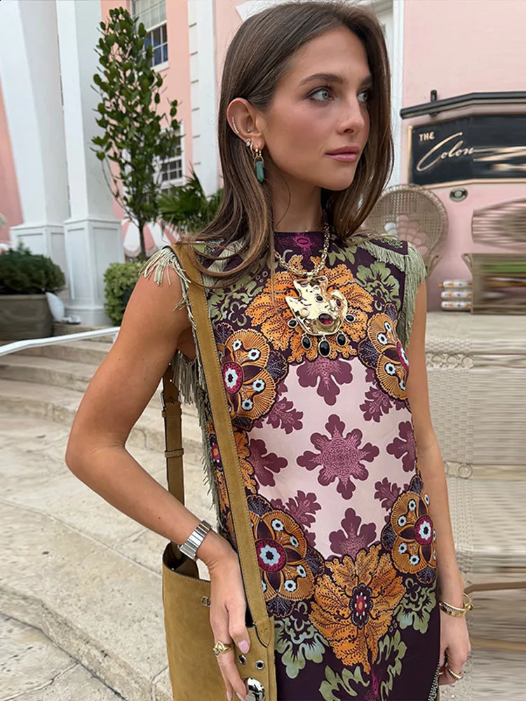 Elegant Printed Womens Dress Fringed Sleeveless Slim Irregular Lady Dresses 2026 Spring Summer Chic Female Holiday Robe 260312