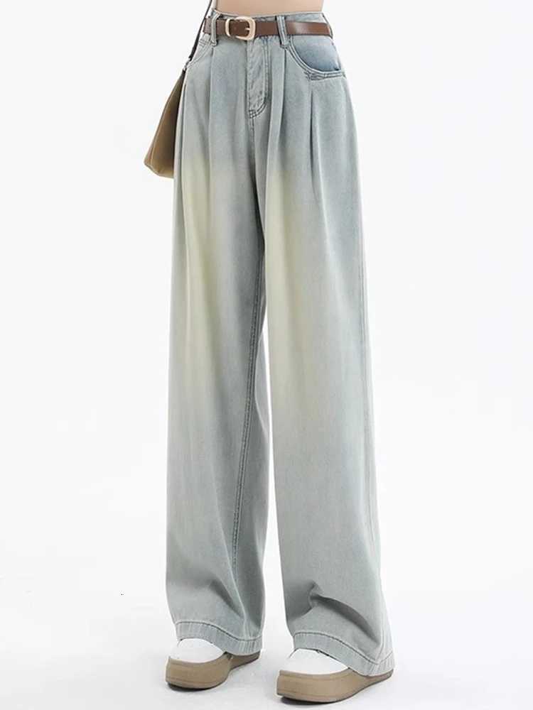 Woman High Waist Straight Leg Jeans Lady Loose Denim Wide Leg Pants Girls Korean Khaki Retro Blue Light Blue Gray White TrousersT260317
