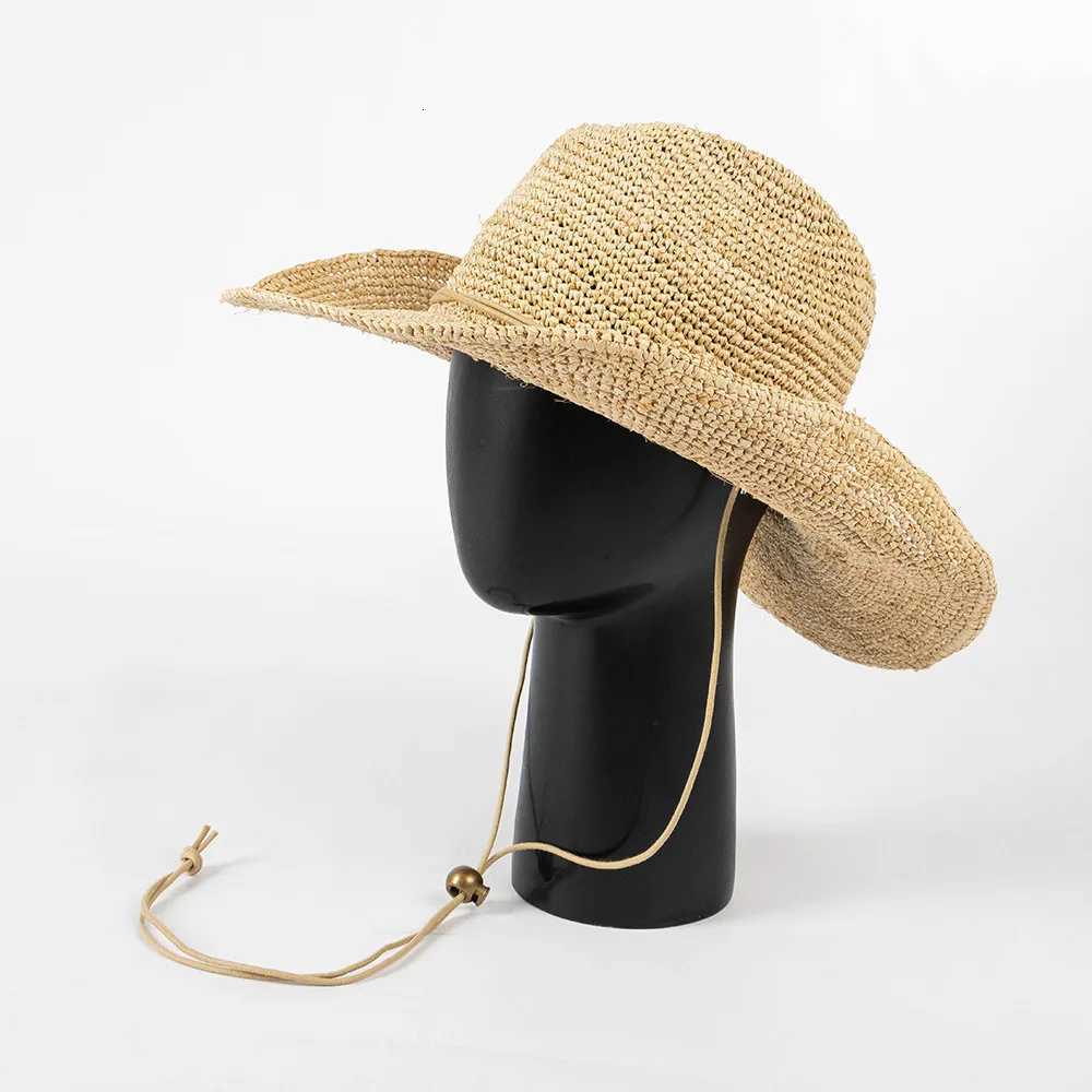 Trendy Handmade Crochet Raffia Straw Denim Hat with Adjustable Strap for Outdoor Sun Protection Casual Summer Fashion Sun Hat H260317 - view 3