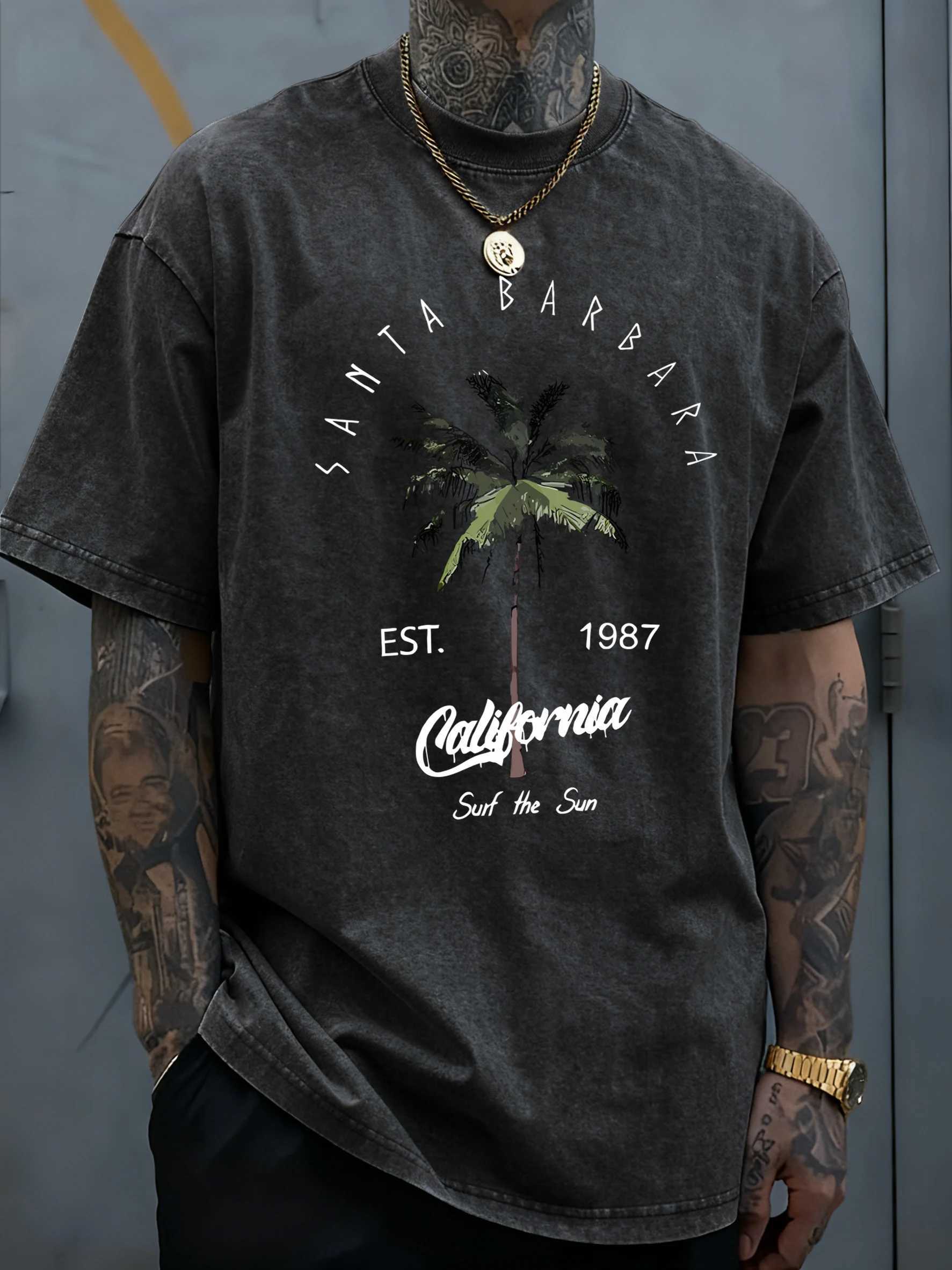 Galafonia Coconut Palm Santa Barbara Print Washed T Shirt Men Summer Cool Tops Cotton All-Match Streetwear Hip Hop Loose T-Shirt M260317