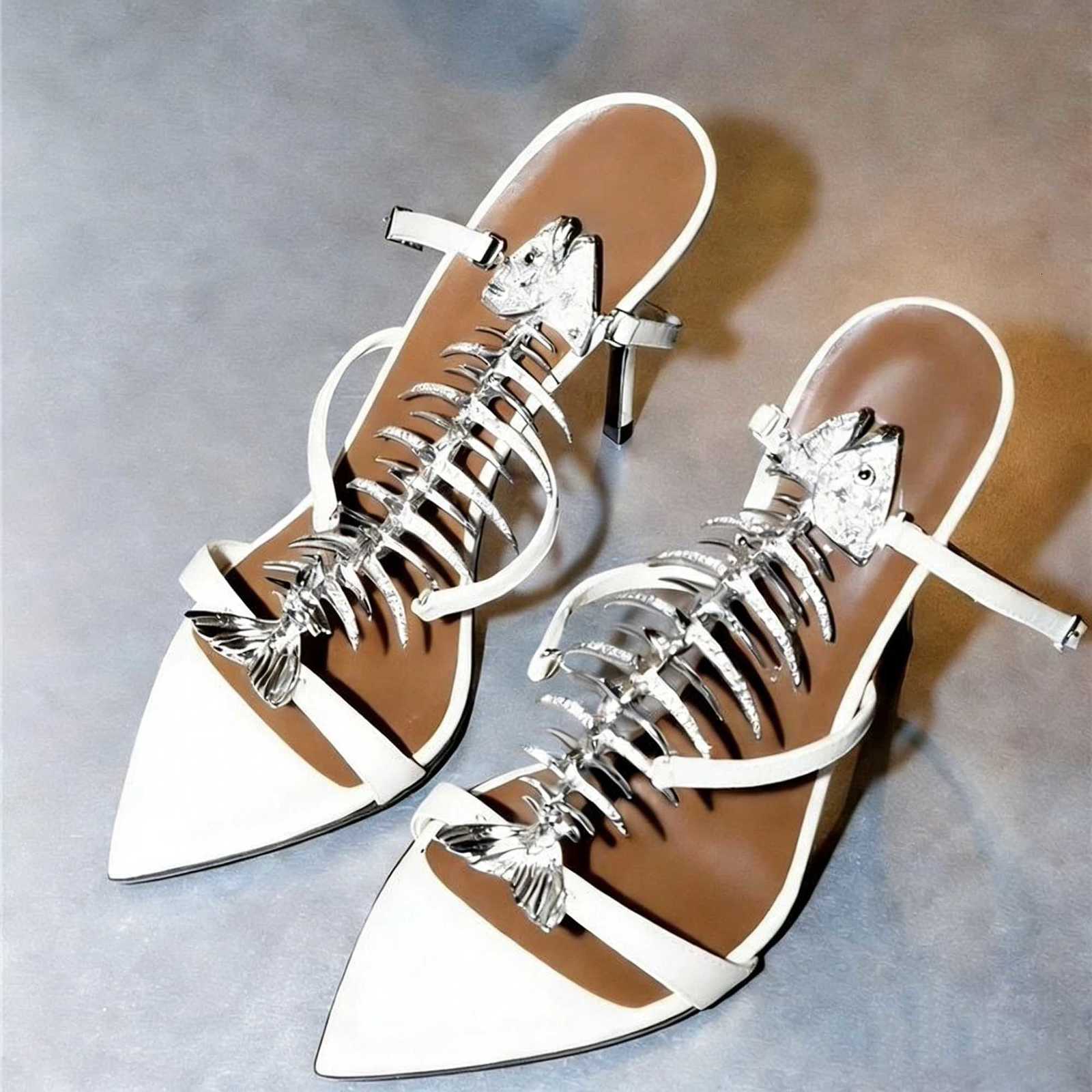 2026 Spring/Summer New Womens Fishbone Rhinestone Embellished Sandals Stiletto Pointed Toe T Strap Modern Evening Sandals K260317