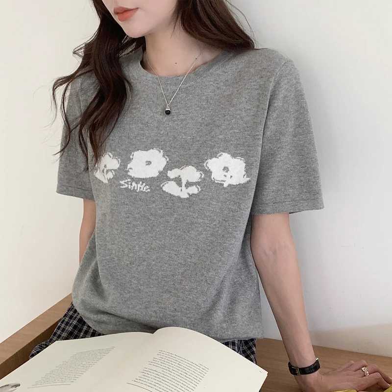 Summer Womens Short Sleeve 100 Cotton T-Shirt Sweater Knit Round Neck Ladies Top Loose Fashion Embroidery Tees Blouse Pullover M260317