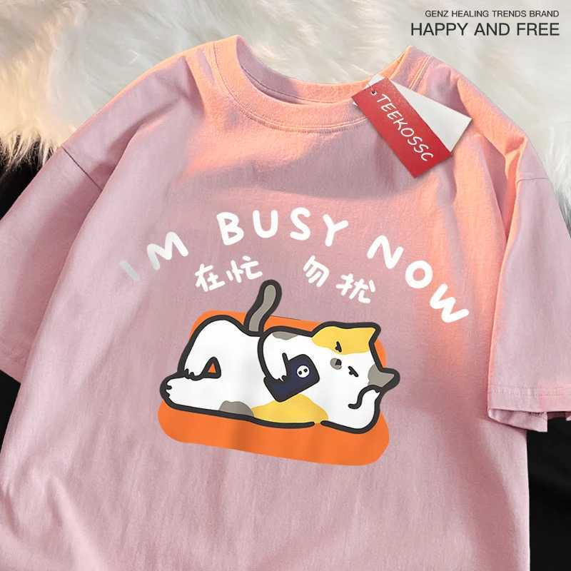 Im Bust Now Lying Flat Cat Print Japanese Style T Shirts Male Fashion Loose T-Shirts Casual O-Neck Tshirt Cotton Tees Tops M260317