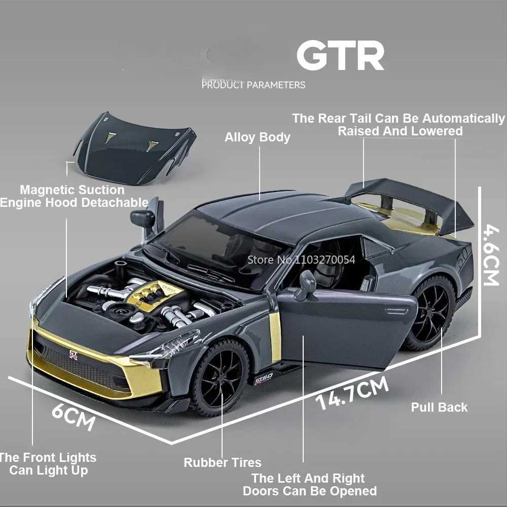 132 Scale GTR R50 Miniature Sports Car Alloy Diecast Model Toys Doors Opened with Sound Light Pull Back Vehices Childrens Gift D260317
