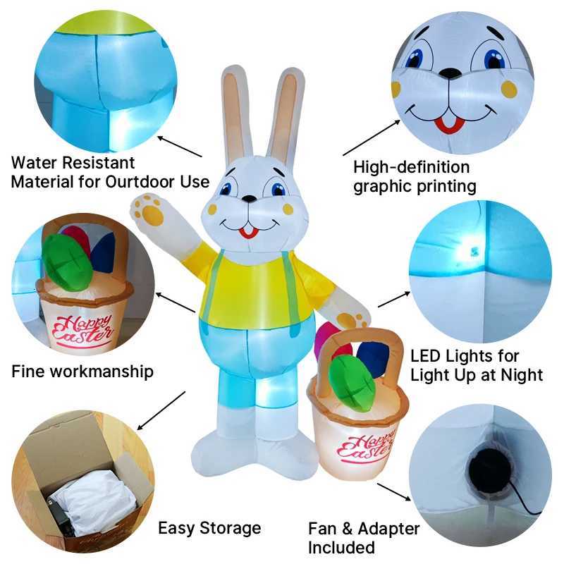 7FT Easter Inflatable Rabbit Carry Basket Decor LED Lights Festive Airblown Yard Ornament Easter Decorations Easter Inflatable H260316