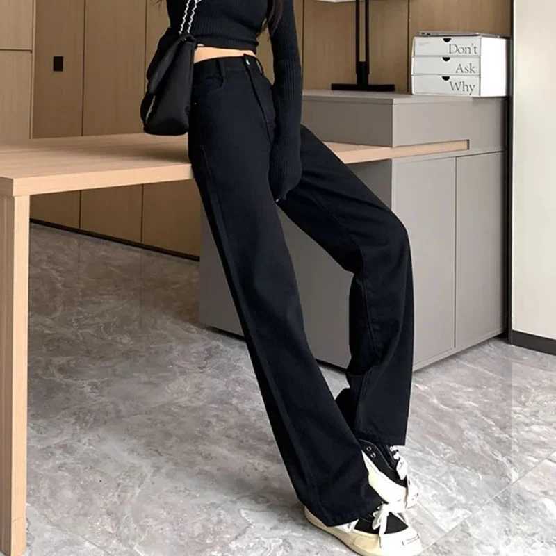 Woman High Waist Slim Fit Wide Leg Jeans Female Y2k 2000s Casual Straight Leg Pants s Fashion Black Loose Denim Trouserse M260317