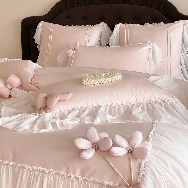 Flowers Bow Lace Ruffles Princess Wedding Bedding Set 1000TC Egyptian Cotton Duvet Cover Flat/Fitted Bed Sheet Pillowcases 4Pcs D260317