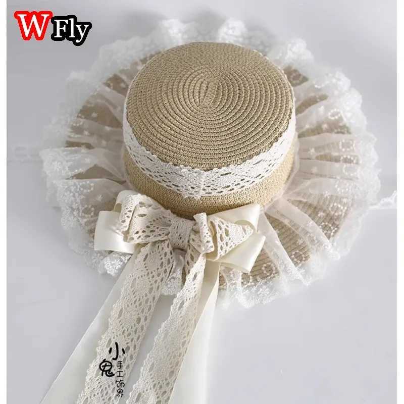 Harajuku Women Girls Straw Hats Beach Sun Hat Sweet Lolita Kawaii Princess ribbon Floral Lace Bow Straw Hat Female Handmade H260317 - view 7