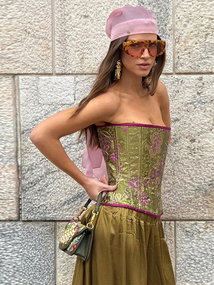 Womens Y2K Retro Pants Set Satin Balloon Pants with Strapless Embroidery Corset Top Vintage Party Clubwear Chic Vacation Outfit 260316