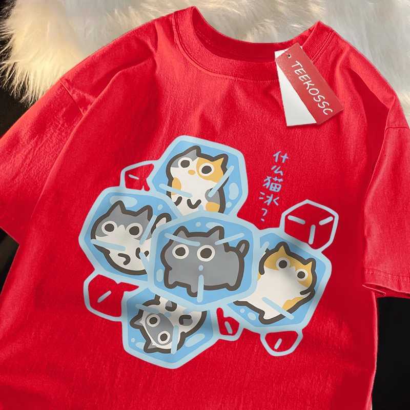 Ice Cat Fun Cartoons Cats Print Clothes Men Women Oversize Breathable T Shirt Summer Comfortable Casual T-Shirt Cotton Tee Shirt M260317