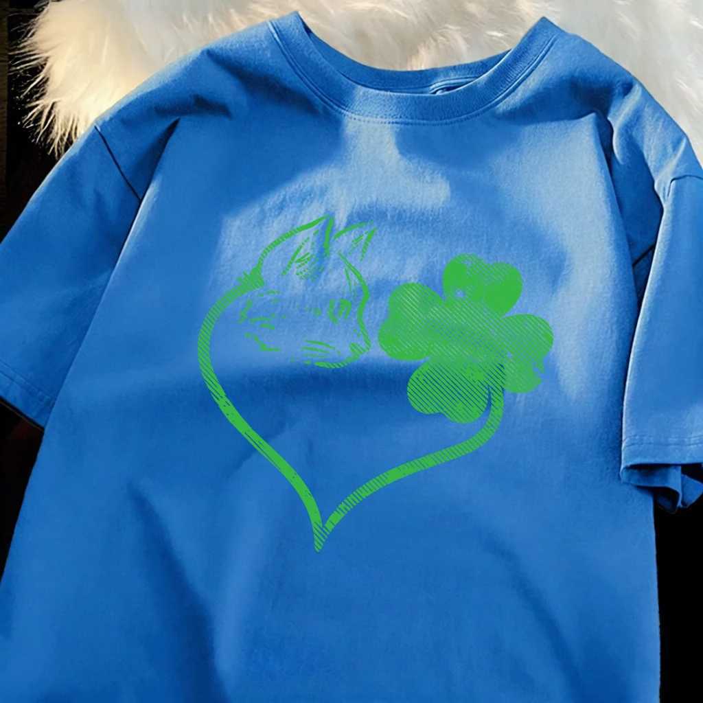 Clover Heart Cat Print Basic Simple T-Shirt Man Cotton Crewneck T Shirts Summer Oversized Clothes Breathable Sport Short Sleeve M260317
