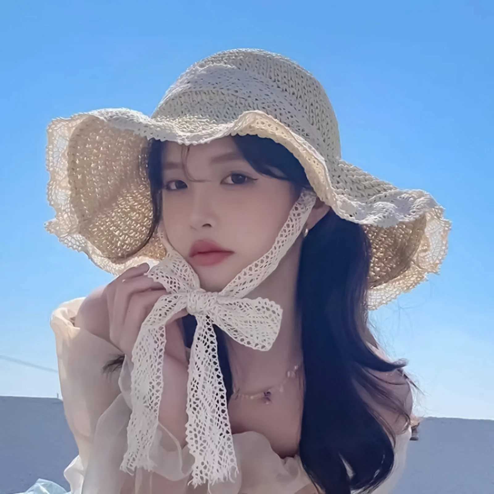 Women Summer Hat Lace Trimmed Tie-up Openwork Straw Hat Wide Brim For Sun Protections Beach Fashion Foldable Summer Accessory H260317 - view 4