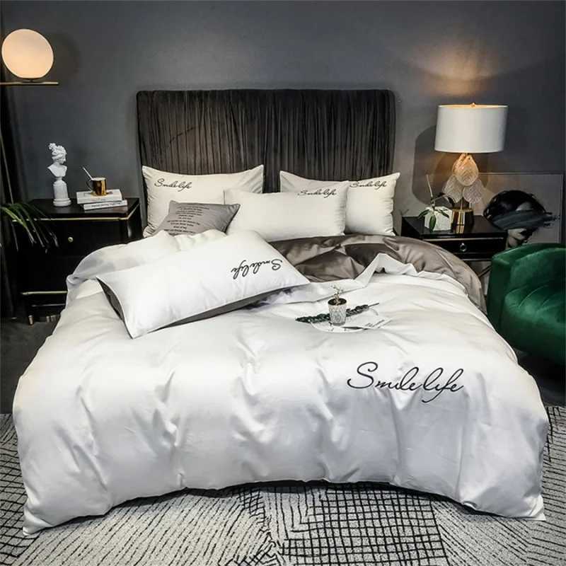 High End Skin Friendly Bedding Set Queen Luxury Embroidery Duvet Cover Set with Flat Sheet Simple Durable King Size Bedding Sets D260317