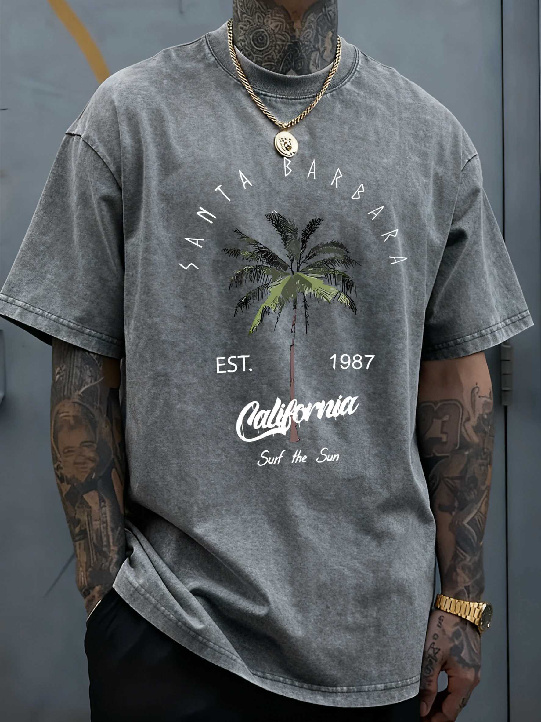Galafonia Coconut Palm Santa Barbara Print Washed T Shirt Men Summer Cool Tops Cotton All-Match Streetwear Hip Hop Loose T-Shirt M260317