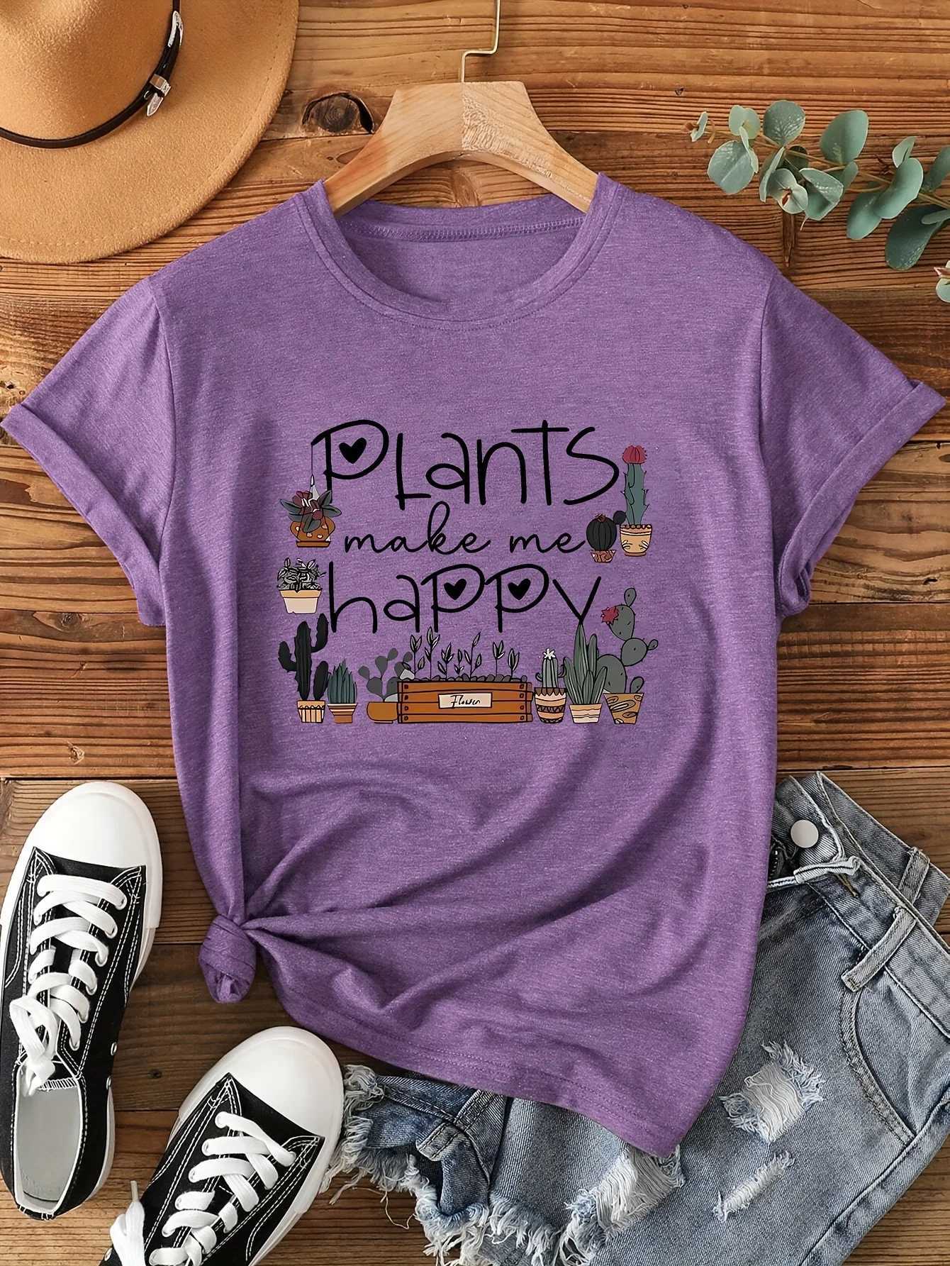 Plants Make Me Happy Womens Tee - Cute Plant Lover Graphic Casual Green Top M260317