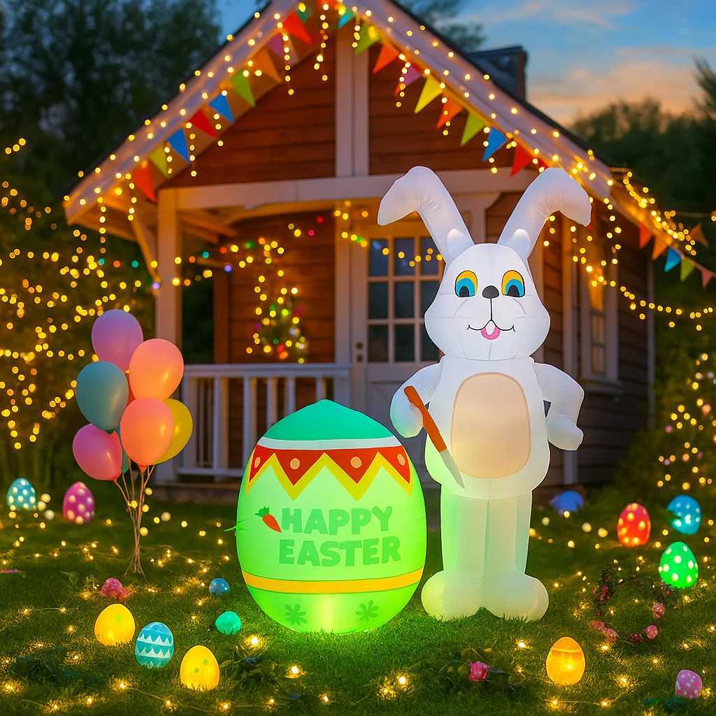7FT Easter Outdoor Inflatable Rabbit Sit On Mushroom Built-in LED Lights Airblown Courtyard Festive Easter Inflatable H260316