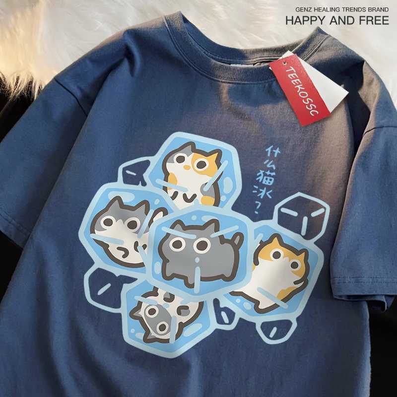 Ice Cat Fun Cartoons Cats Print Clothes Men Women Oversize Breathable T Shirt Summer Comfortable Casual T-Shirt Cotton Tee Shirt M260317