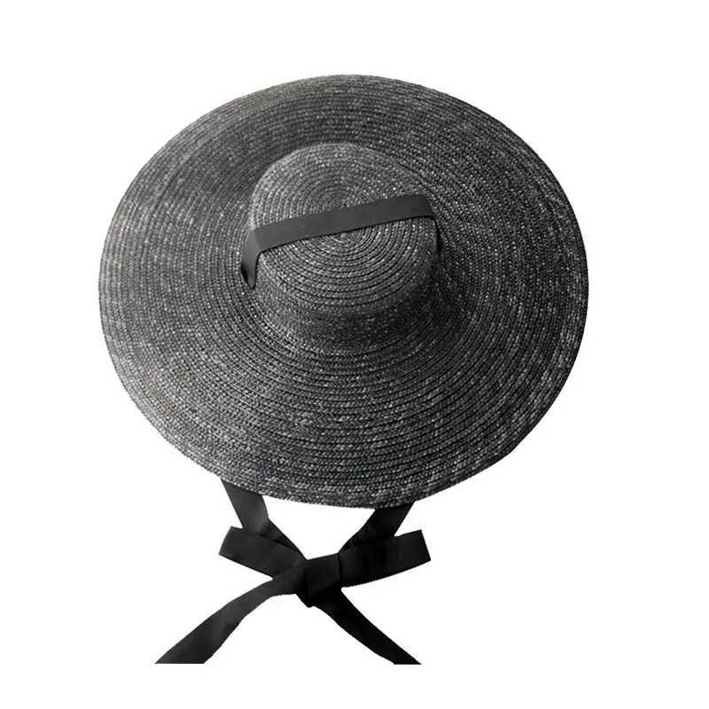 Black Wide Brim Flat Top Ribbon Straw Hat Summer Hats for Women Girl Boater Beach Cap with Chin Strap Outdoor Vacation Sun Hat H260317 - view 7