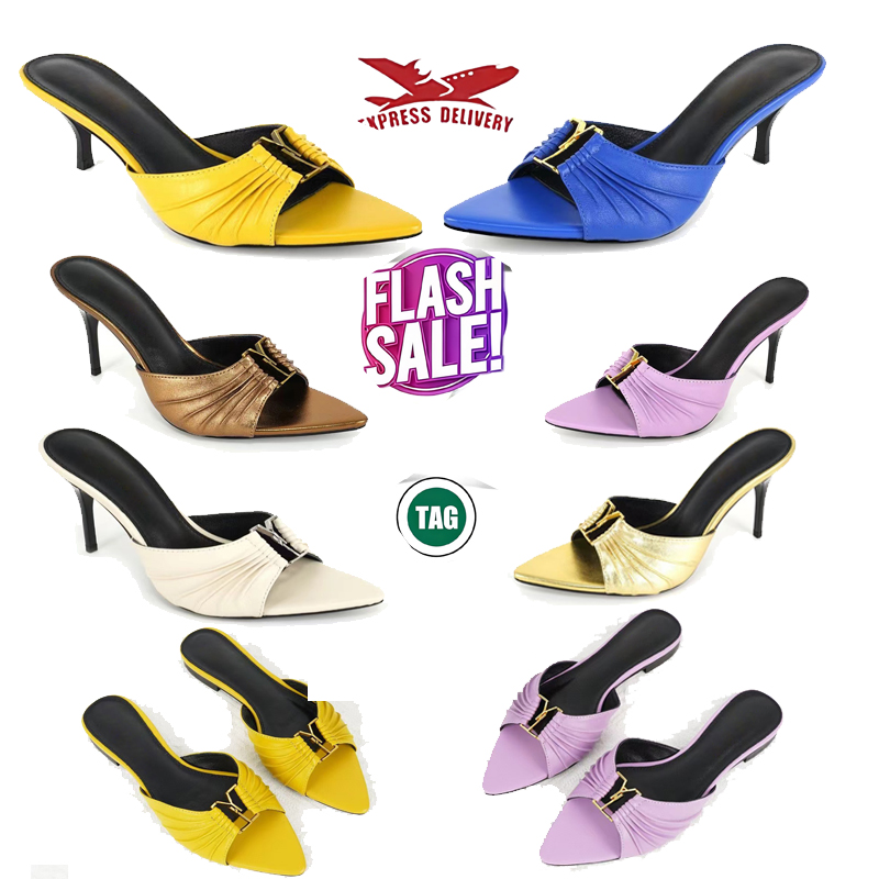 10AElegant Ladies stiletto mule Genuine Leather Fashionable Letter Buckle Sharp toes sandals luxurious designer high-heeled Slippers Sizes 35-43 with box