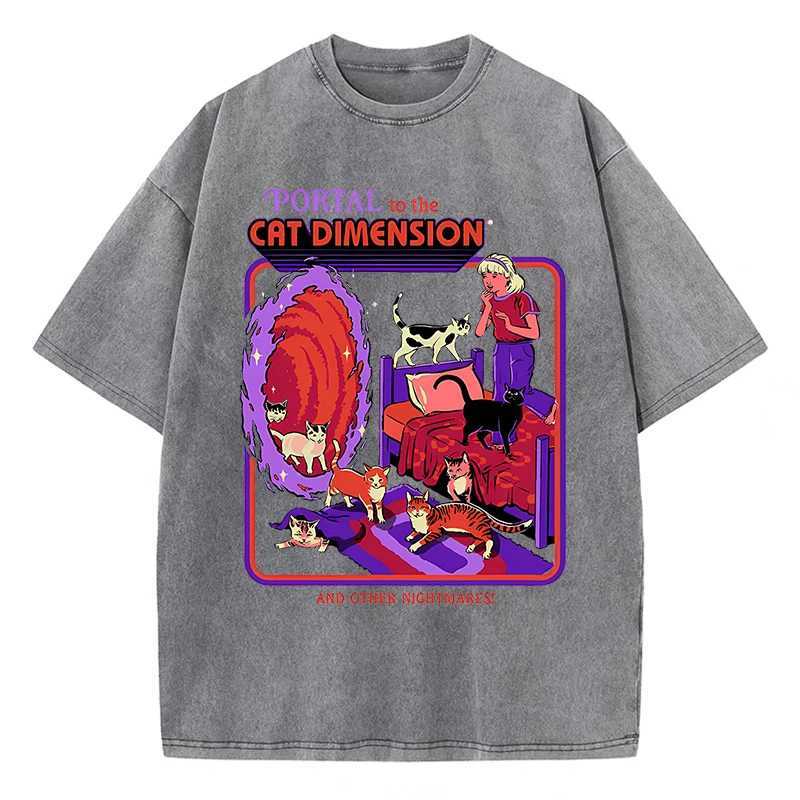 Portal To The Cat Dimension Washed Retro Men Clothes Fashion Summer T-Shirts Streetwear Cotton Loose Tops Breathable Tee Couple M260317
