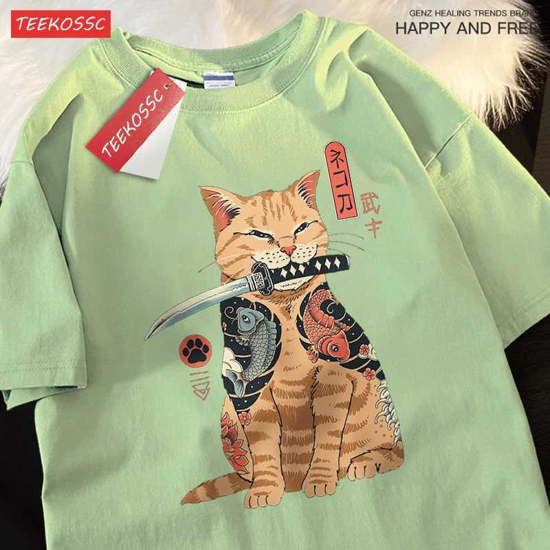 Japanese Harajuku Samurai Sword Cat T-Shirt Men Women Casual Tee Clothes Cotton Summer Tops Breathable Oversized T-Shirts Couple M260317
