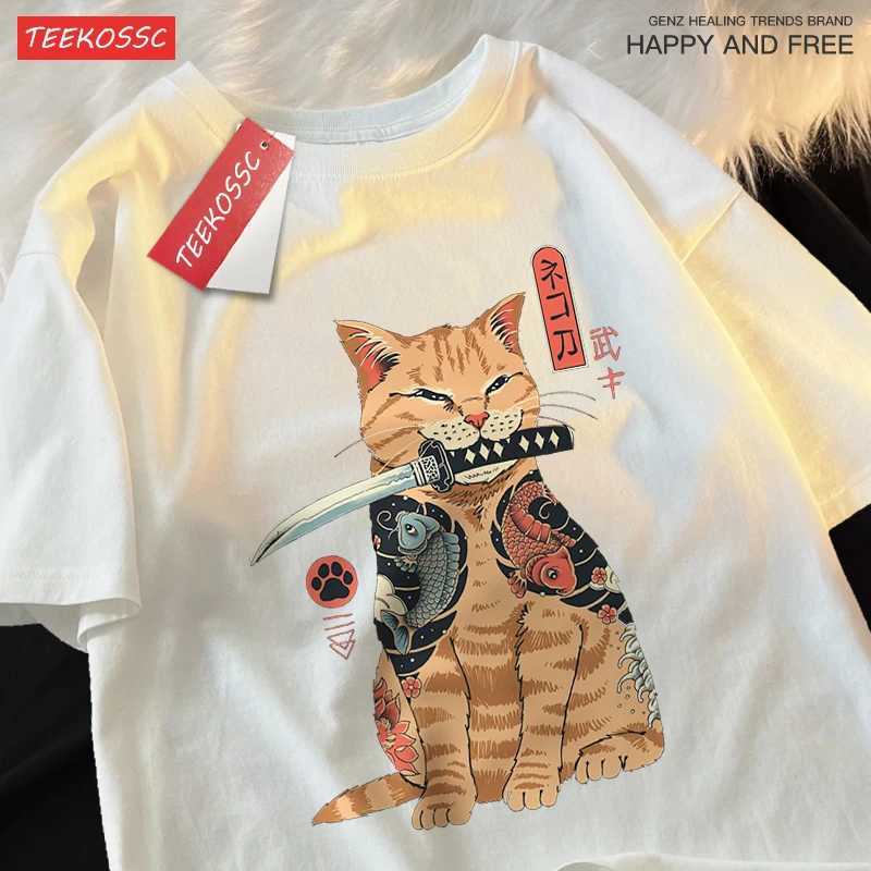 Japanese Harajuku Samurai Sword Cat T-Shirt Men Women Casual Tee Clothes Cotton Summer Tops Breathable Oversized T-Shirts Couple M260317