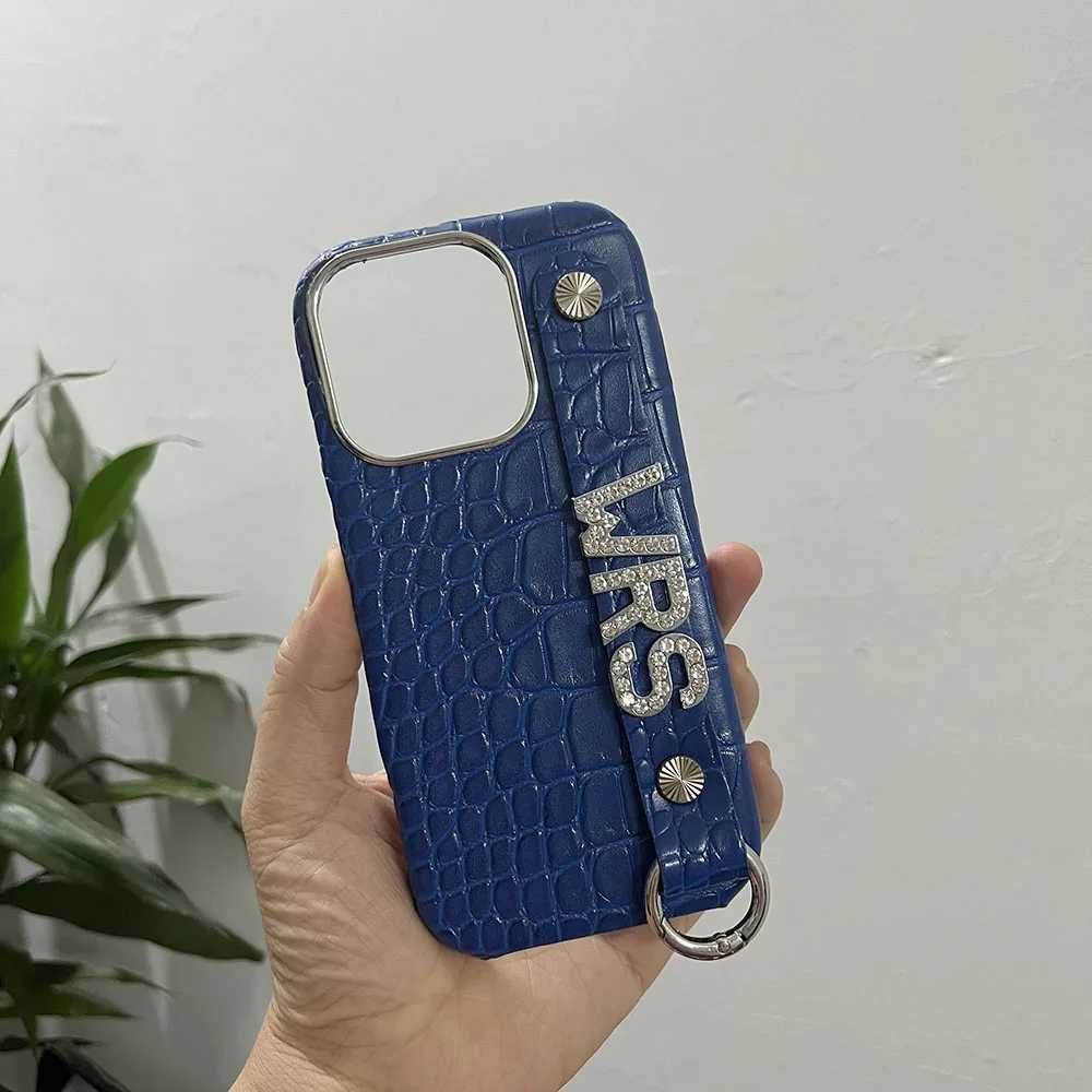 Holding Strap Personalised Cust Name Silve Metal Letters Leather Phone Case For Iphone 14 13 12 11 Pro Max 16prax Cover C260314