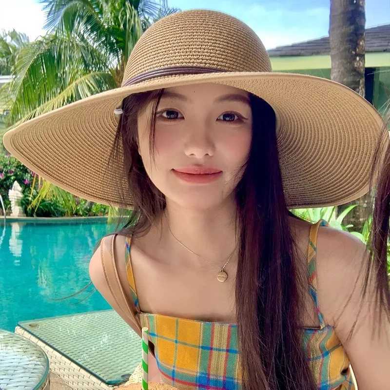 Fashion Women Straw Sun Hat Summer Wide Brim UV Protection Panama Hat with Belt Strap Outdoor Beach Vacation Travel Accessories H260317 - view 3