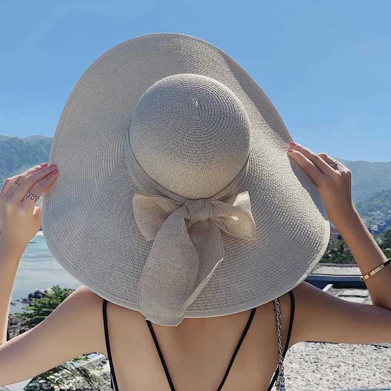 1Pc Womens Seaside Bow Beach Hat Oversize Straw Hat Womens Summer Sun Block Big Brim Hat Suitable For Sun Protection H2603171 - view 5