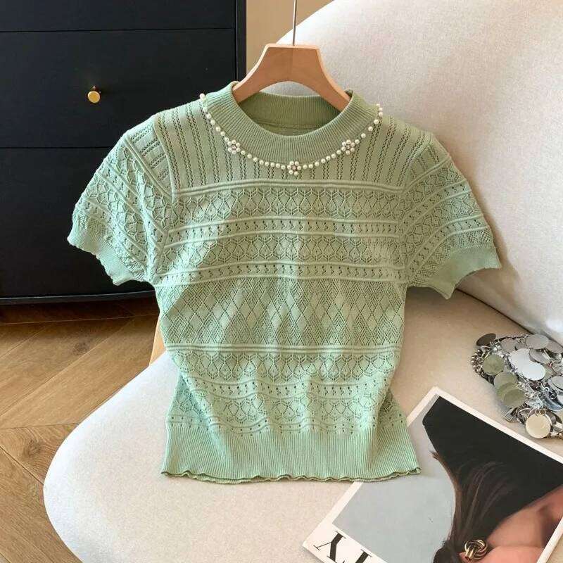 Spring Summer Thin Sweaters Women Tops Beading Flowers Hollow Out Pullovers Korean Fashion Solid Pulls Femmes