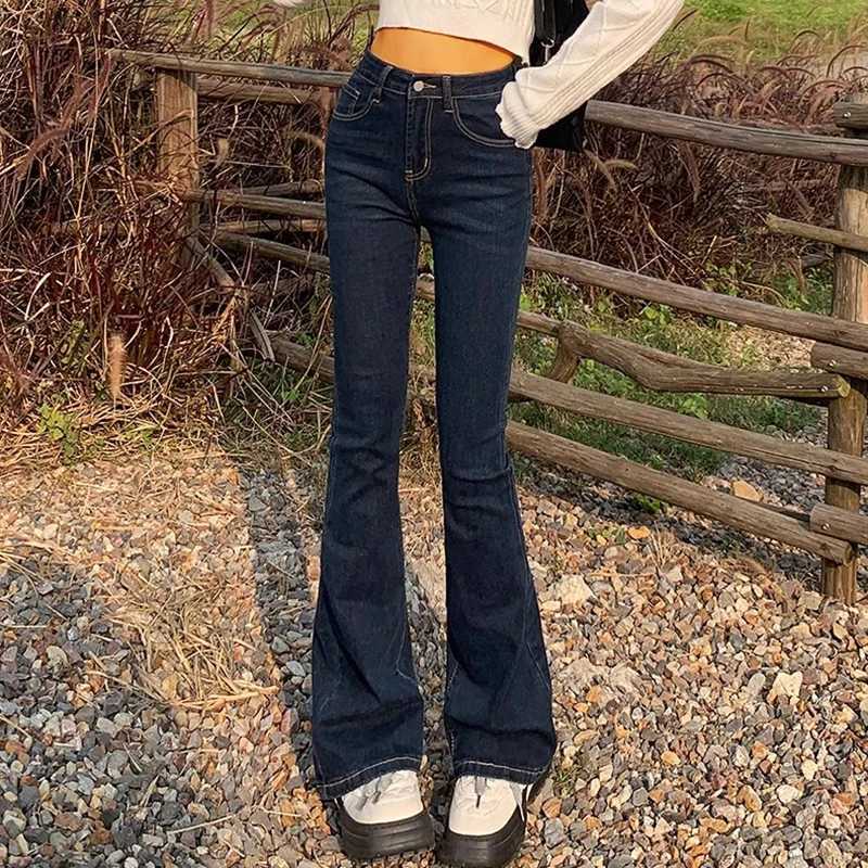 Woman Elastic High Waist Bell Bottom Jeans Female High Street Designer Flare Pants Lady Fashion Blue Black Gothic Denim TrousersT260317