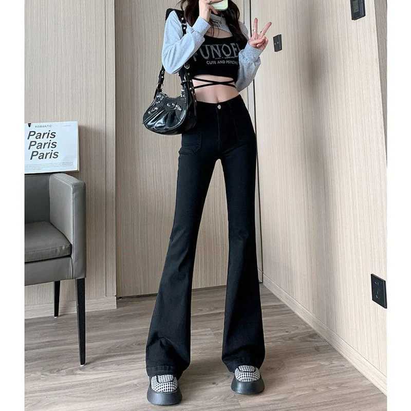 Classic Designer Women Straight Leg Flared Jeans Lady Korean High Waist Solid Denim Pants s Fashion Black Gray Trousers M260317