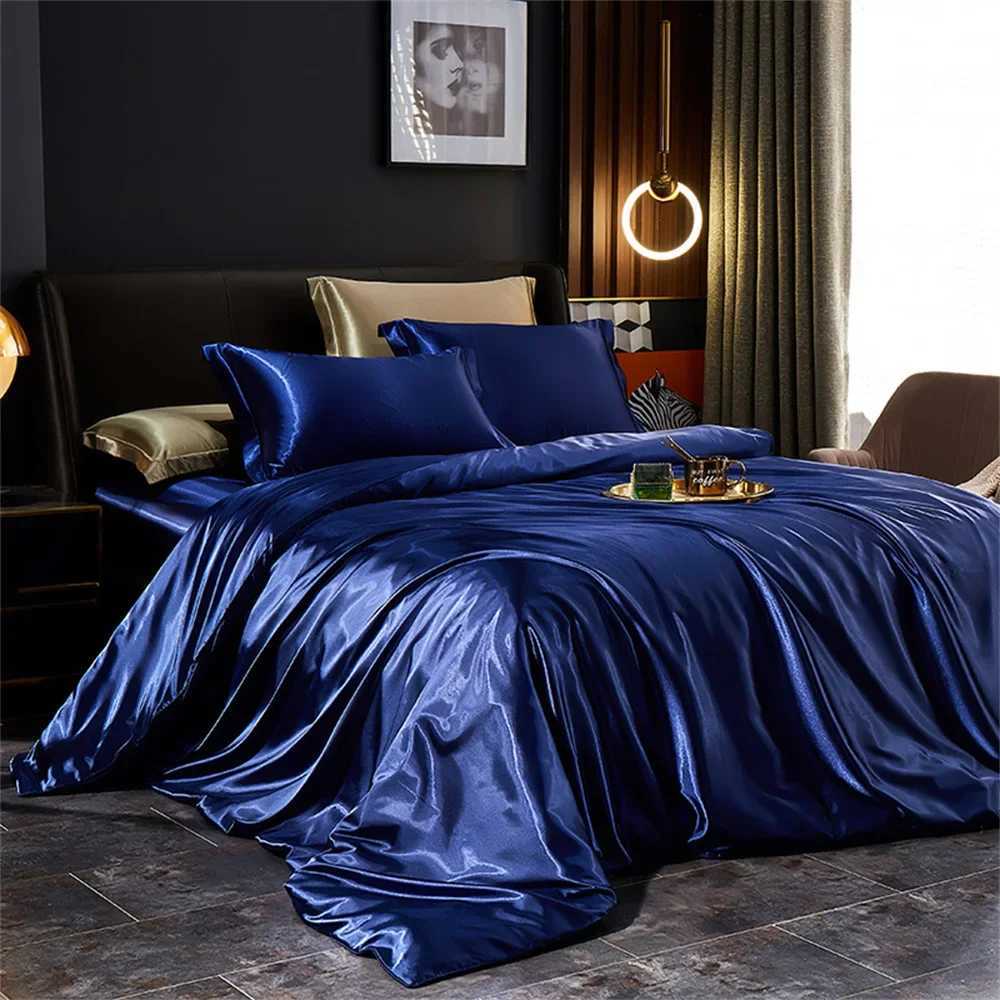 Solid Silk Bedding Set with Duvet Cover Bed Sheet Pillowcases Luxury Satin Single Double Bedsheet King Queen Twin Size D2603171