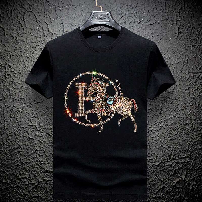 War Horse T-Shirt, Short-Sleeved, Men's, Ice Silk, Style, Luxury High-End European Goods, Trendy Brand, Rhinestone Embellished, Mercerized Cotton, Half-Sleeve