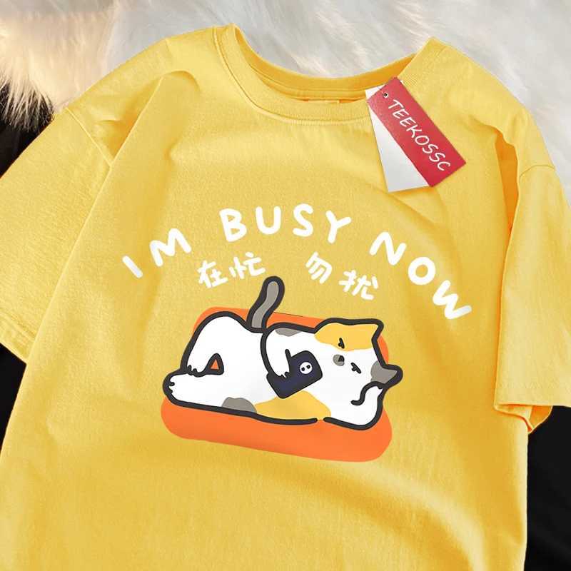 Im Bust Now Lying Flat Cat Print Japanese Style T Shirts Male Fashion Loose T-Shirts Casual O-Neck Tshirt Cotton Tees Tops M260317