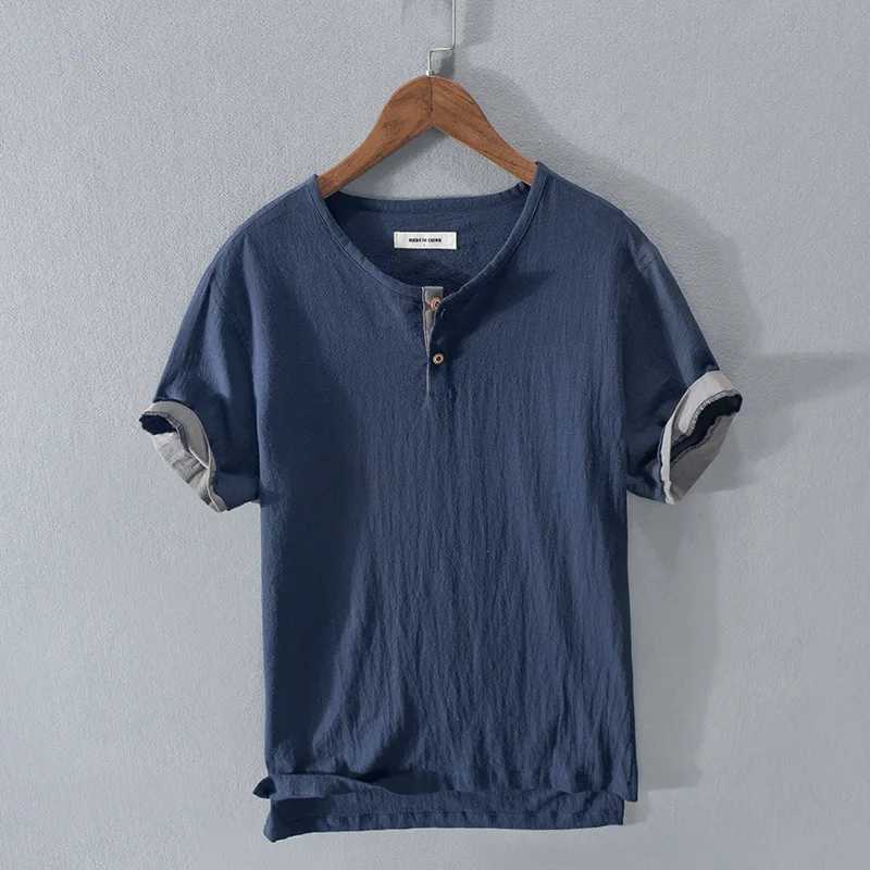 Loose Oversized Cotton Linen Short-sleeved Mens T-shirt Collar Buckled Half-open Shirt Korean Fashion Men Clothing 2020 New M260317