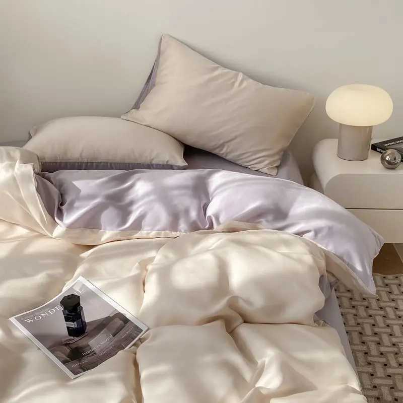 Summer Bedding Set Luxury Ice Silk Four Piece Set Washed Silk Bed Sheet and Quilt Cover Set Summer Cool Feeling Soft Smooth D260317