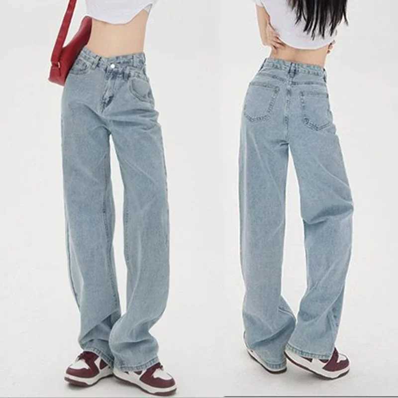 2025 Woman Ins Fashion Cross High Waist Jeans s Streetwear Basic Straight Leg Pants Lady Solid Baggy Wide Leg Denim Trousers M260317
